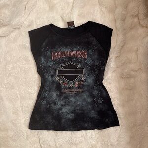 Harley Davidson women’s black and red bedazzled cotton baby tee y2k